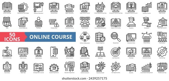 Conjunto de iconos de curso en línea. Conteniendo en línea, curso, aprendizaje, educación, aprendizaje automático, presentación, icono de clase. Ilustración simple del vector de la línea.