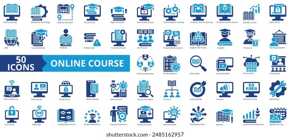 Conjunto de colección de iconos de curso en línea. Conteniendo en línea, curso, aprendizaje, educación, aprendizaje automático, presentación, icono de clase. Simple Ilustración vectorial plana.