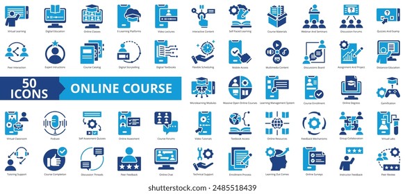 Online course icon collection set. Containing digital education, virtual learning, platform, video lecture, interactive content, self paced, course materials icon. Simple flat vector.