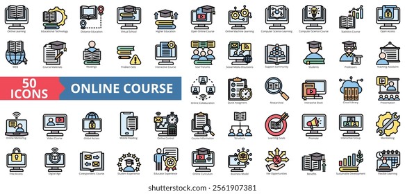 Online course icon collection set. Containing online, course, learning, education, machine learning, presentation, class icon. Simple flat outline vector illustration