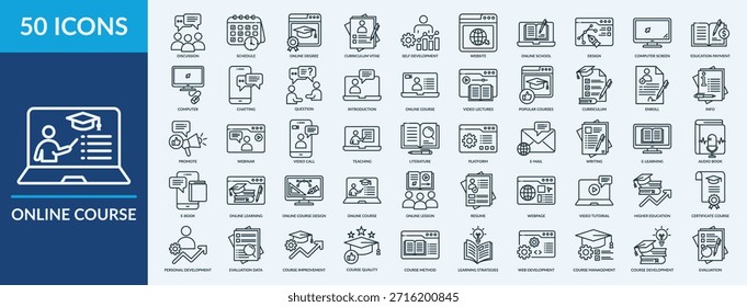Online-Kurs-Icon-Sammlung mit Diskussion, Zeitplan, Online-Abschluss, Lebenslauf, Selbstentwicklung
