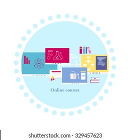 Online course icon flat design style. Education university or school, study knowledge, training science, information e-learning, learning distance, research and graduation illustration