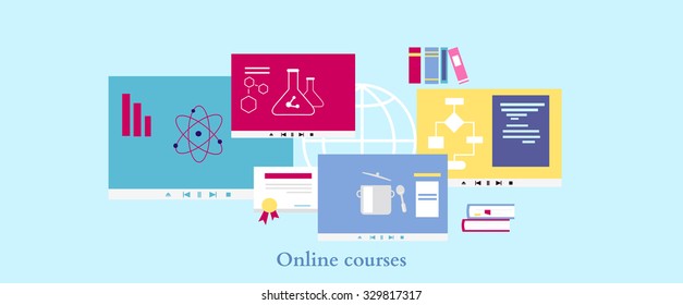 Online course icon flat design style. Education university or school, study knowledge, training science, information e-learning, learning distance, research and graduation illustration