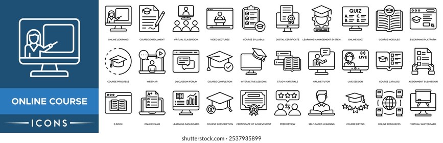 Icono de curso en línea. Video Aprendizaje en línea, Inscripción al curso, Aula virtual, Conferencias y programa del curso