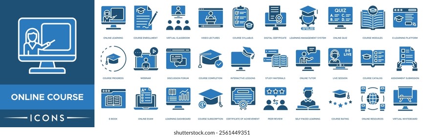 Online course icon. Online Learning, Course Enrollment, Virtual Classroom, Video Lectures and Course Syllabus