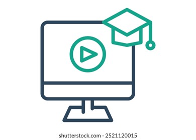 Online course icon. line icon style. monitor with graduation cap and play sign. icon related to online course. education elements vector illustration