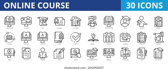 Online course icon pack collection set for elearning and education. With video lesson, live class, quiz, certificate, homework, discussion, online learning, profile, instructor, syllabus, resource