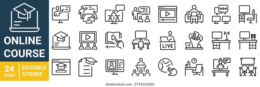 Online course icon pack collection set for elearning and education. With video lesson, live class, quiz, certificate, homework, discussion, online learning, profile, instructor