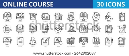 Online course icon pack collection set for elearning and education. With video lesson, live class, quiz, certificate, homework, discussion, online learning, profile, instructor, syllabus, resource