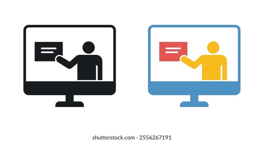 Online course icon set in black and colored versions.