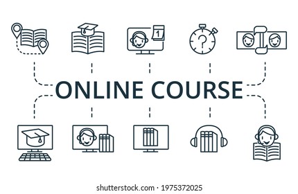 Online Course icon set. Collection contain pack of pixel perfect creative icons. Online Course elements set.