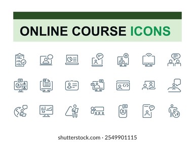 Online Course icon set. Contains related to cost, online, icon, teacher, tuition, thin, symbol and more. Set of line pictogram. Editable stroke.