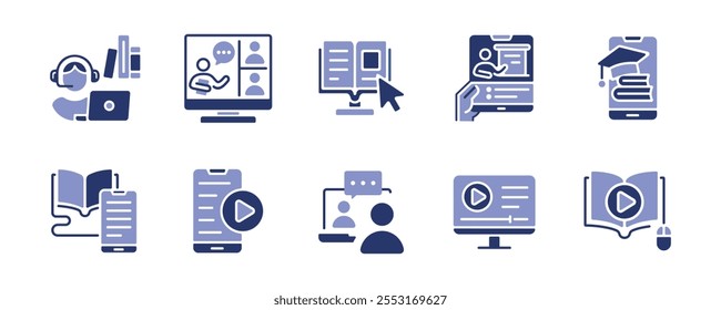 ícone de curso on-line conjunto seminário workshop vídeo conferência aprendizagem livro estudo mídia sinais vetor ilustração negócio educação plataforma e-learning símbolo design