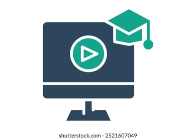 Online course icon. solid icon style. monitor with graduation cap and play sign. icon related to online course. education elements vector illustration