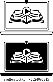 Online Course Icons. Black and White Vector Icons. Laptop, Open Book, and Play Sign. Distance Learning, Online School, E-Learning. Online Education Concept