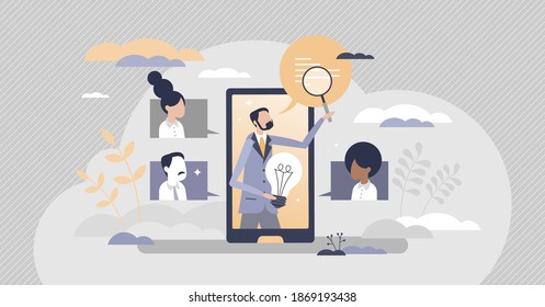 Online course with inspirational idea as creative lecture from teacher tiny person concept. Listening to educational video as distant training with motivational virtual masterclass vector illustration