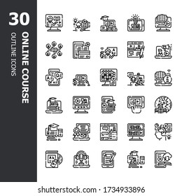 Online Course, internet studying course. Computer, laptop learning for business and knowledge 30 Outline icons set. Icon design for web design, mobile application, website and graphic design. 