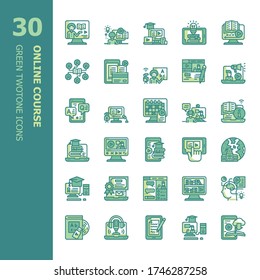 Online Course, internet studying course. Computer, laptop learning for business and knowledge 30 Fill Twotone icons set. Icon design for web design, mobile application, website and graphic design. 