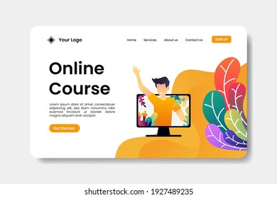 Online course landing page with young man waving hand illustration