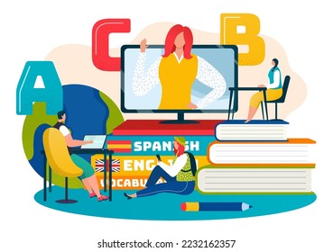 Online course for language learning, people get education by computer technology, vector illustration. Man woman character study in internet school.