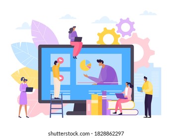 Online course learning video on computer screen, vector illustration. People communication about knowledge technology, teaching conference. Distance school people student education.