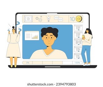 Online-Kurs, Unterricht oder Schulung. Lehrer und Studenten. Engagment und Motivation in der Online-Bildung. Lernmanagementsystem. Vektorgrafik.