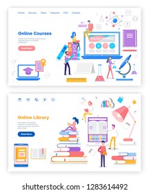 Online course and library with free access set of websites vector. Monitor with pages and information for students, chemistry and biology subjects