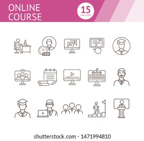 Online course line icon set. Pupil, class, service, subject. Distant education concept Can be used for topics like higher education, college, degree