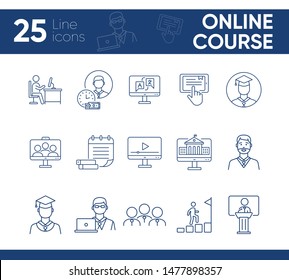 Online course line icon set. Pupil, class, service, subject. Distant education concept Can be used for topics like higher education, college, degree