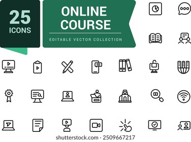 Conjunto de ícones de linha de curso online. Coleção de logotipo de contorno preto para web design e aplicativos móveis. Pixel perfeito, minimalista web e ícone UI. Contornar coleções de ícones.