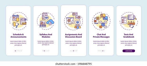 Online course management system onboarding mobile app page screen with concepts. Schedule and announcements walkthrough 5 steps graphic instructions. UI vector template with RGB color illustrations