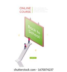 Online course - modern isometric vector web banner on white background with copy space for text. An illustration with students learning, writing on a board, climbing the stairs. Education theme