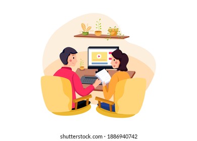 Online-Kurs mit Menschen vor dem Computer Vector Illustration Konzept. Flache Illustration einzeln auf weißem Hintergrund.