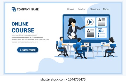 Online course with people sitting at desk and studying with laptop. Can use for banner, mobile app, landing page, website design template. Flat vector illustration