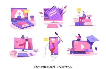 Online course set. Remote learning laptop smartphone with math digital video on-screen painting knowledge distance, remote webinar seminar, illustration online classes. Vector flat style.