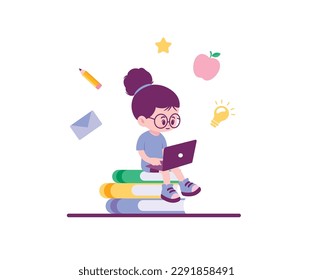 Online course student with laptop cute character girl with glasses vector in flat colors