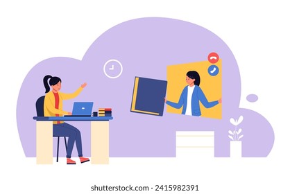 Online course. Student sitting at desk with laptop watching at screen with lecturer. Girl studying in internet, distance learning at college or university. Watching virtual tutorials at home vector