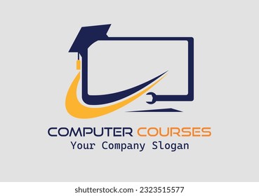 curso en línea, conferencia de temas, seminario web, clase de formación, tutor o guía, examen distante, acceso a tutorial, monitor de computadora y persona en sombrero de graduación, icono de vector