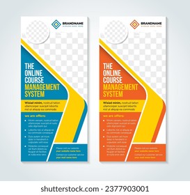 la plantilla de diseño de banner web del sistema de cursos en línea. Volante vectorial con espacio de texto. Cartel publicitario con espacio de copia personalizado. Cartel promocional imprimible para publicidad. Diseño vertical gráfico