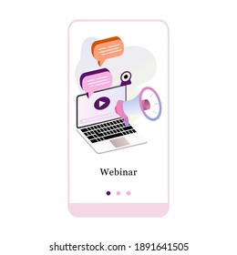 Online course, university studies, e-learning, business training, webinar. Menu vector banner template for interface UX, UI GUI screen mobile development. Website design 3D isometric flat illustration