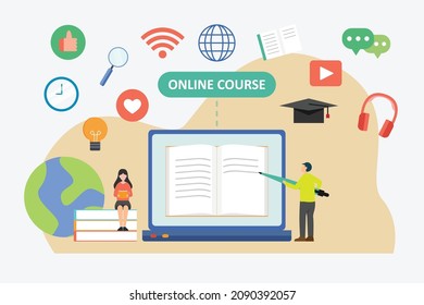 Online course vector concept. Two students using a laptop to taking online course while learning together