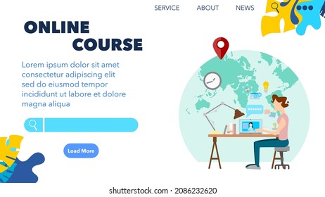 Online course. Vector illustration design for web cover. Woman using laptop to learn. Online course concept. Study from anywhere in the world. Flat design.