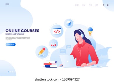 Online course vector illustration. Online education web page concept. Girl studying with laptop. e-Learning platform. Flat style.