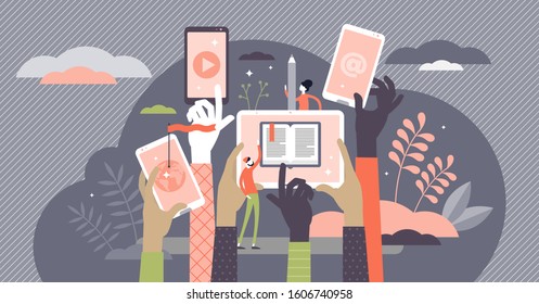 Online course vector illustration. Internet learning in flat tiny persons concept. Professional knowledge development using distance lessons in web or app. Modern students with digital coach lectures.