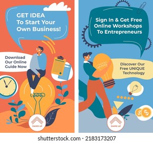 Online course and workshops to entrepreneurs, get idea to start your own business. Visit classes and lectures from professionals. Promotional banner, advertisement poster. Vector in flat style