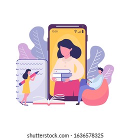 Online course.E-learning concept. Lesson via internet. Illustration with small people, smartphone can use for landing page, web, mobile, app, banner, poster, flyer, template