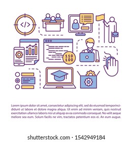IT online courses article page vector template. App programming education process. Brochure, magazine, booklet design element with linear icons. Print design. Concept illustrations with text
