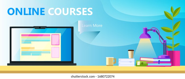 Online courses banner in flat style with workspace, laptop, books, lamp and coffee. E-learning concept for distance education during quarantine. Home office background in blue colors.