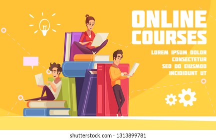 Online courses cartoon advertising web page with students sitting on books pile with laptops notebooks vector illustration