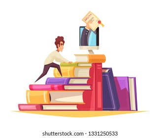 Online courses cartoon composition with graduate student climbing textbooks pile to get diploma from monitor vector illustration